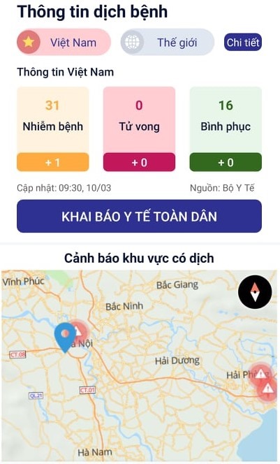 Trên app có cập nhật tình hình dịch bệnh trên thế giới, ở Việt Nam rất chi tiết và bản đồ vùng có dịch để người dân tiện theo dõi. Ảnh: T.L