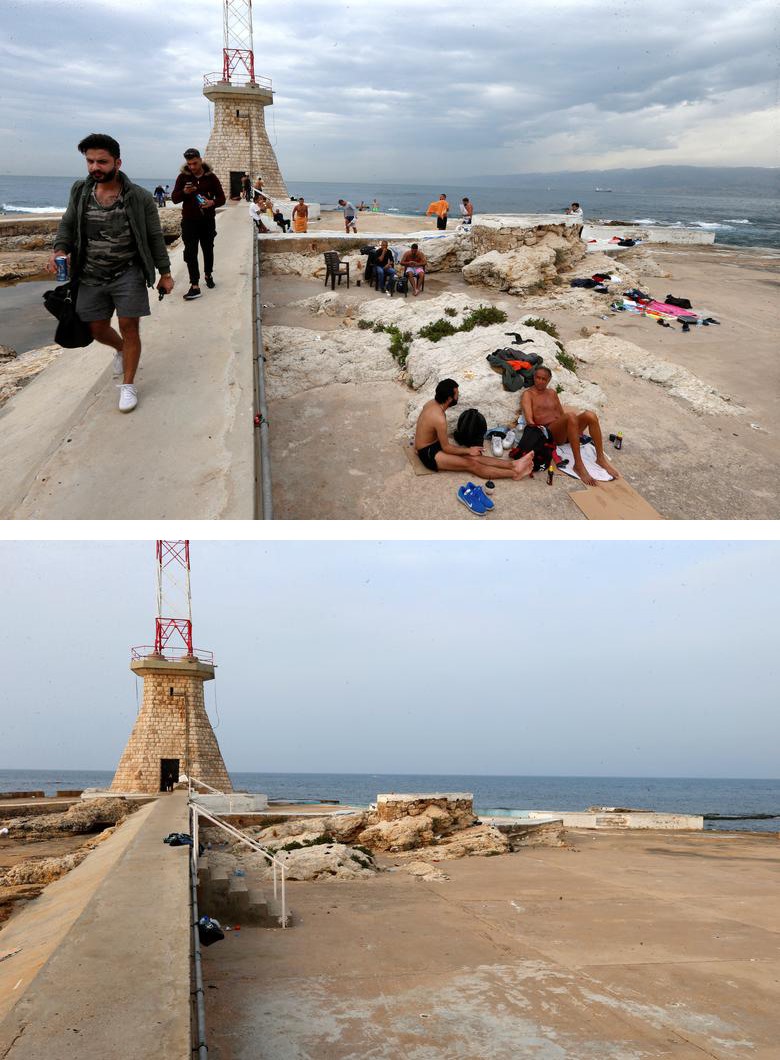 Sau khi Lebanon tuyên bố tình trạng khẩn cấp y tế ở Thủ đô Beirut, người dân nơi đây đã hạn chế đến những nơi đông người để hạn chế sự lây lan của dịch COVID-19. Hình bên trái được chụp hôm 12.3 và hình bên phải được chụp hôm 15.3 tại bãi biển du lịch. Ảnh: Reuters.
