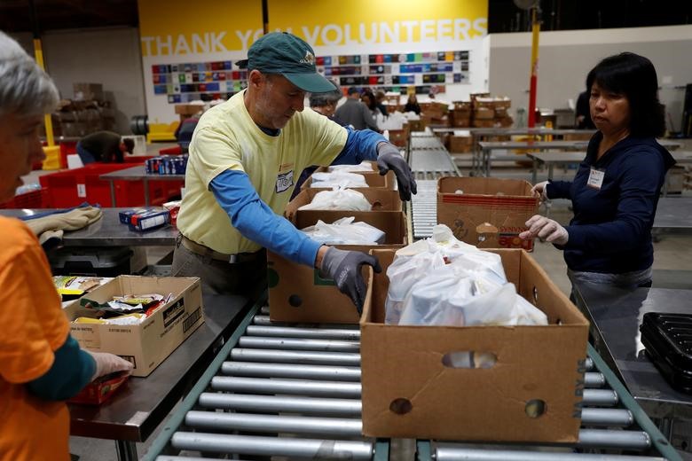 Tại một dây chuẩn bị các túi thực phẩm cứu trợ tại kho thực phẩm hạt Alameda, ở Oakland, California, ngày 16.3. Ảnh: Reuters