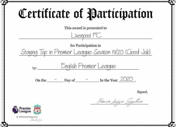 Liverpool cũng được trao chứng nhận “đang đứng đầu bảng xếp hạng” Premier League.