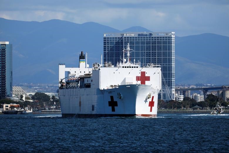 Tàu bệnh viện USNS Mercy rời căn cứ hải quân San Diego đến cảng Los Angeles để hỗ trợ các cơ sở y tế địa phương đối phó với dịch COVID-19 tại San Diego, California, Mỹ hôm 23.3. Ảnh: REUTERS/Mike Blake.