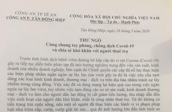 Thư ngỏ của Công an phường Tân Đông Hiệp gửi chủ cơ sở kinh doanh nhà trọ.