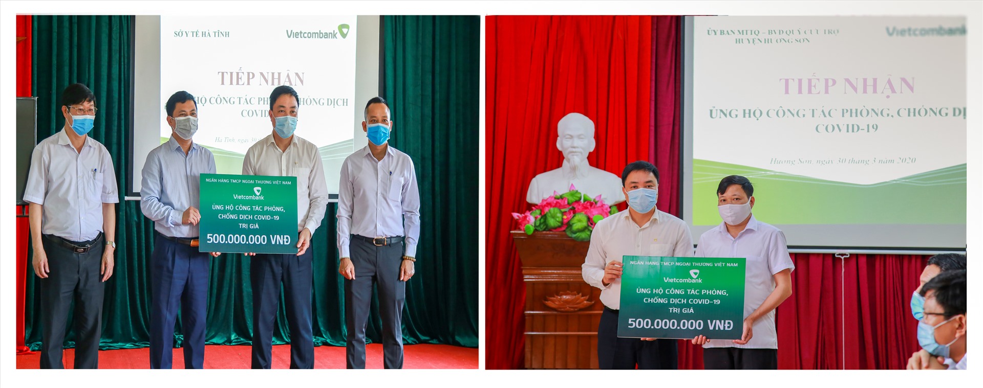 Đại diện Vietcombank trao ủng hộ Sở Y Tế tỉnh Hà Tĩnh và huyện Hương Sơn, tỉnh Hà Tĩnh mỗi đơn vị 500 triệu đồng để mua sắm trang thiết bị y tế phòng chống dịch Covid – 19. Ảnh: N.H