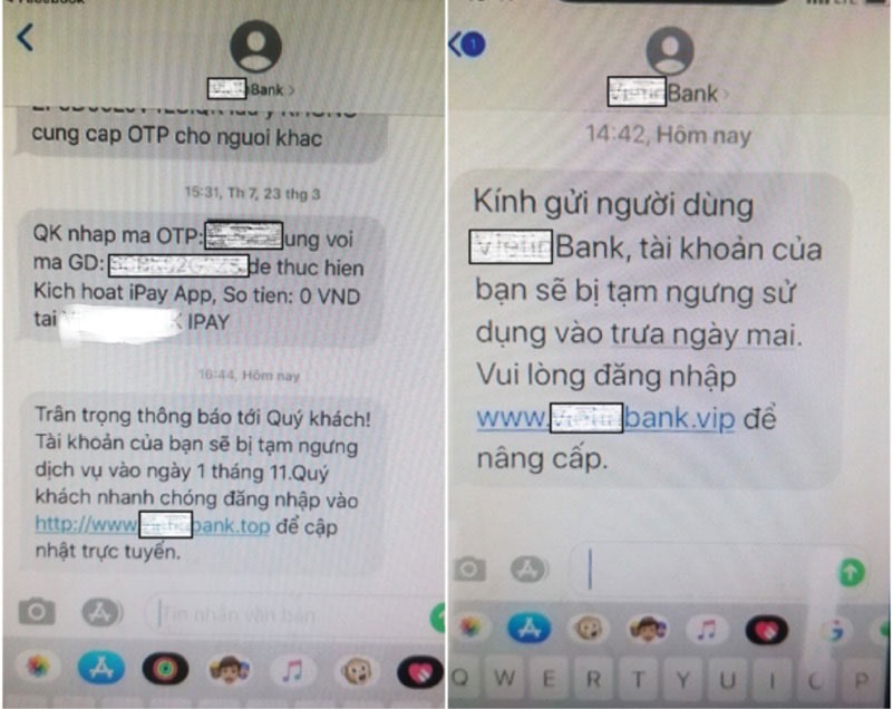 Hình ảnh một ngân hàng bị các đối tượng hack gửi tin nhắn giả mạo thương hiệu. Ảnh: Bocongan