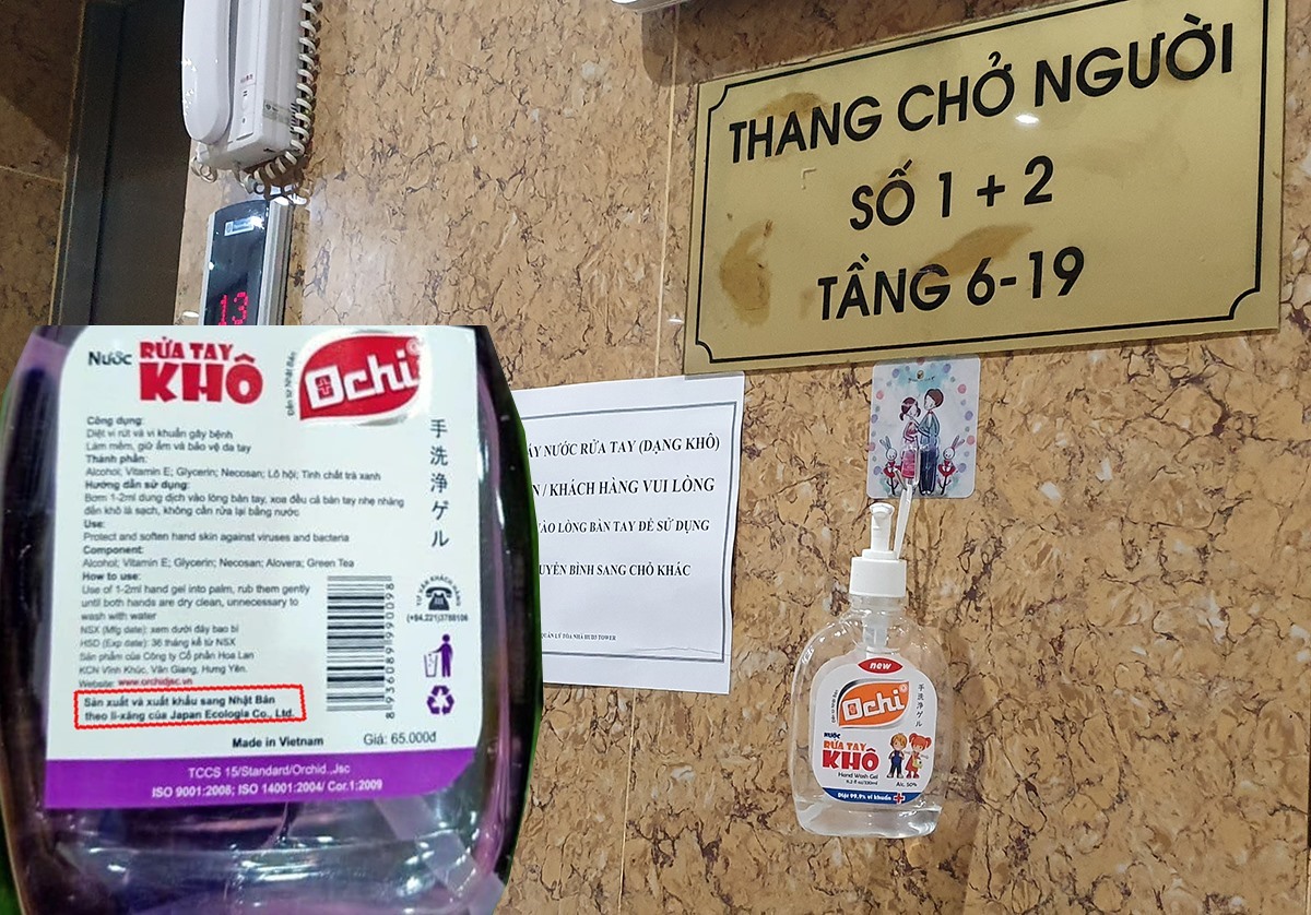 Nước rửa tay Ochi được sử dụng tại một khu nhà chung cư ở Hà Nội. Ảnh LN