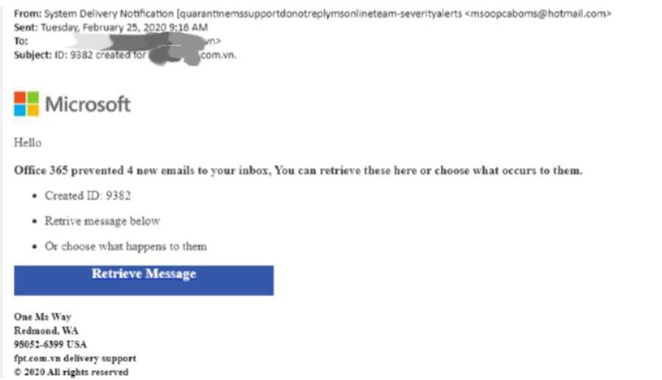 Email của tin tặc mạo danh Microsoft gửi đến người dùng để lừa thu thập thông tin cá nhân.