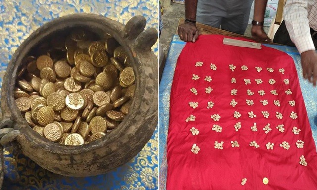 Hũ tiền vàng hơn nghìn năm tuổi được tìm thấy. Ảnh TL