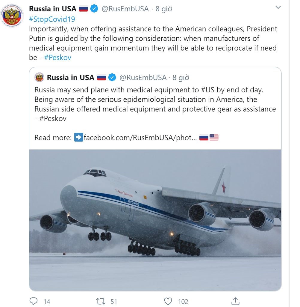 Bài đăng trên mạng xã hội Twitter của Đại sứ quán Nga tại Mỹ. Ảnh: CNN