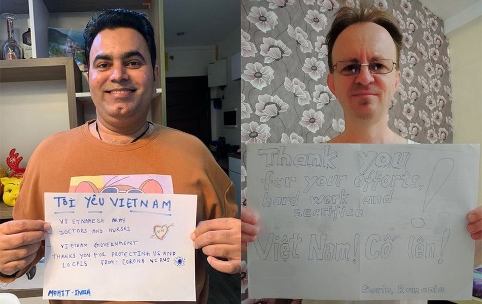 “Tôi yêu Việt Nam” - Mohit Sharma (trái), nhà xuất nhập khẩu người Ấn Độ ở Hà Nội cho biết. Còn anh Sorin Parlea giáo viên tiếng Anh người Romania ở TP. Hồ Chí Minh đưa ra lời cảm ơn đội ngũ y tế Việt Nam về những nỗ lực, vất vả và hy sinh của họ. Ảnh: Wayne Worrell