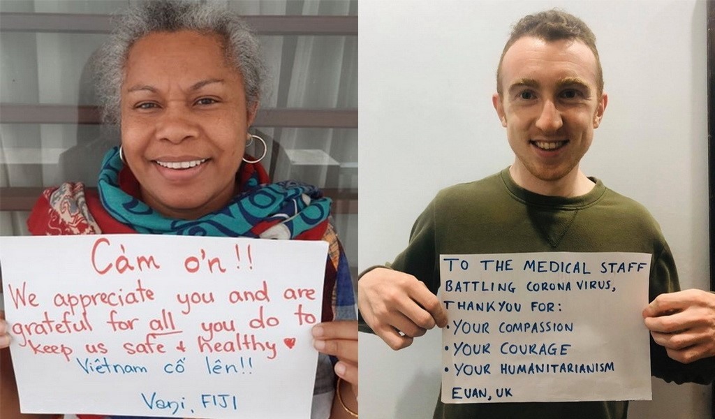 Hai giáo viên tiếng Anh tại Hà Nội: bà Vani Veikoso tới từ quốc đảo Fiji và anh Euan Craig, quốc tịch Anh cùng những lời biết ơn tới các nhân viên y tế và đội ngũ chống dịch Việt Nam vì những hành động tốt đẹp, can đảm và nhân đạo của họ. Ảnh: Wayne Worrell