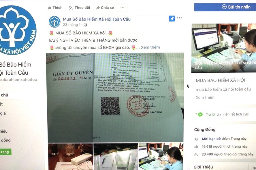 Một trang trên mạng xã hội Facebook lợi dụng logo của Bảo hiểm xã hội (BHXH) Việt Nam để thu mua sổ BHXH của người lao động. Ảnh: BHXH cung cấp.