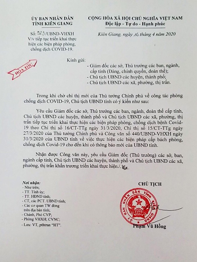 Công văn chỉ đạo của Chủ tịch UBND tỉnh Kiên Giang. Ảnh: LT
