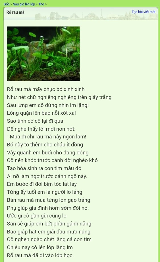 Bài thơ “Rổ rau má” của cô giáo Nguyễn Thị Minh Huyền (Kỳ Anh) đăng trên chuyên mục “Sau giờ lên lớp”. Ảnh: PDN