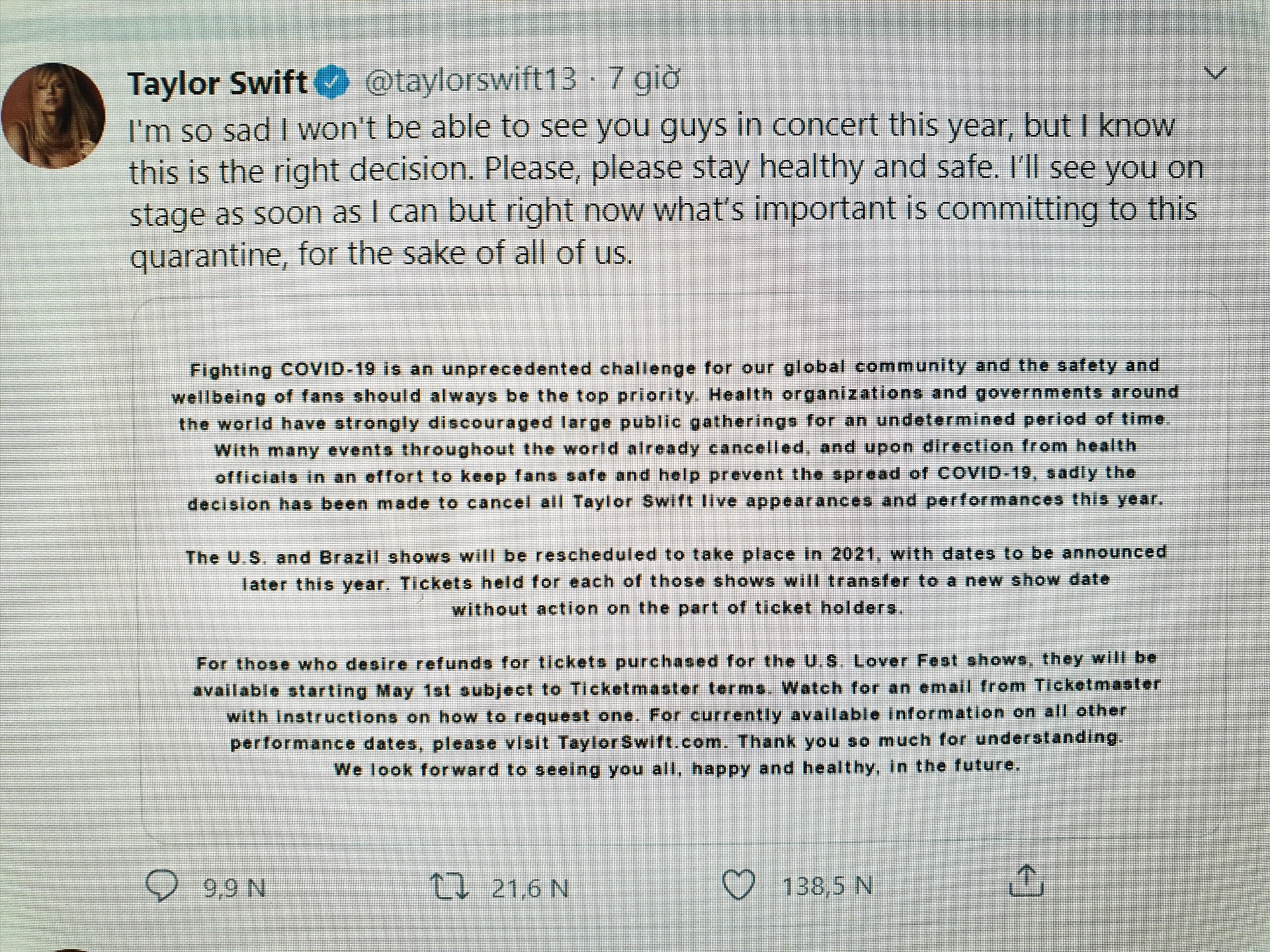 Taylor Swift đăng tải lên trang Twitter của mình về việc dừng các hoạt động trong năm 2020 (Nguồn: Ảnh chụp màn hình)