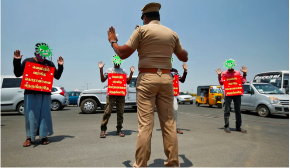 Hình phạt của Cảnh sát dành cho những người vi phạm lệnh phong toả là phải đeo mặt nạ virus và đeo biển có dòng chữ “Đừng ra ngoài, đừng đến gần Corona“. Ảnh: Reuters