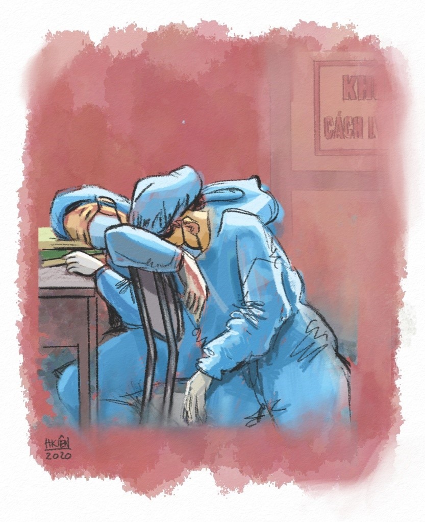 Hình ảnh những y, bác sĩ mệt mỏi tranh thủ ngủ ngay sau khi làm việc suốt ngày đêm trong môi trường của các khu cách ly y tế và điều trị cho bệnh nhân nhiễm virus SARS-C0V-2.