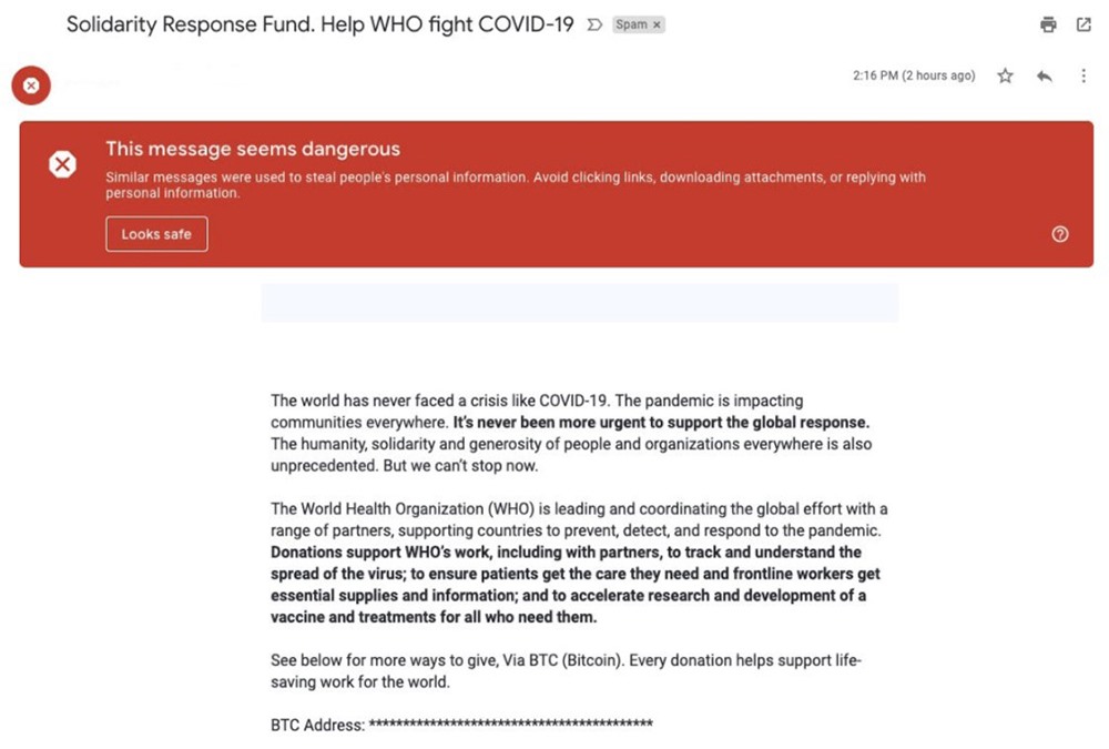 Một thư giả mạo WHO gửi đến người dùng kêu gọi quyên góp cho quĩ chống dịch COVID-19 bằng tiền kĩ thuật số Bitcoin. Ảnh chụp màn hình.
