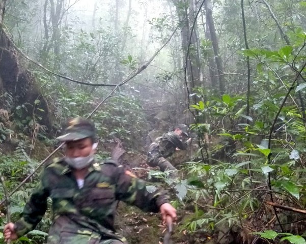 Khu vực rừng nơi các lực lượng tổ chức tìm kiếm 2 người mất tích dày đặc sương mù. Ảnh: HT.