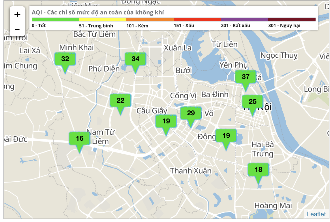 Các điểm đo ghi nhận trên cổng thông tin quan trắc chất lượng không khí UBND thành phố Hà Nội cho thấy không khí ngưỡng xanh - tốt cho sức khoẻ. Ảnh: moitruongthudo