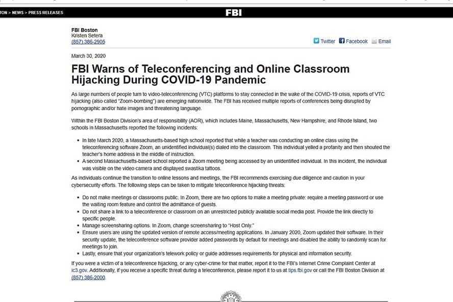 Cảnh báo trên trang web của FBI Boston (chụp màn hình).