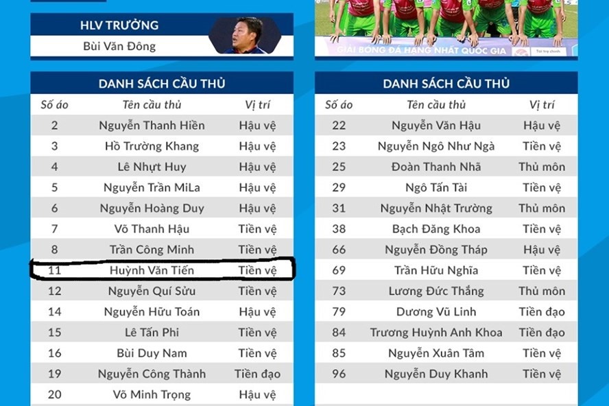 Tham gia cá độ ở giải trẻ, Huỳnh Văn Tiến vẫn được câu lạc bộ Đồng Tháp đăng kí ở lượt đi giải hạng Nhất Quốc gia 2020. Ảnh chụp màn hình