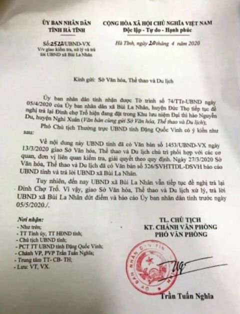 Văn bản chỉ đạo của UBND tỉnh Hà Tĩnh yêu cầu trả lời dứt điểm, báo cáo về tình trước ngày 5.5. Ảnh: TT