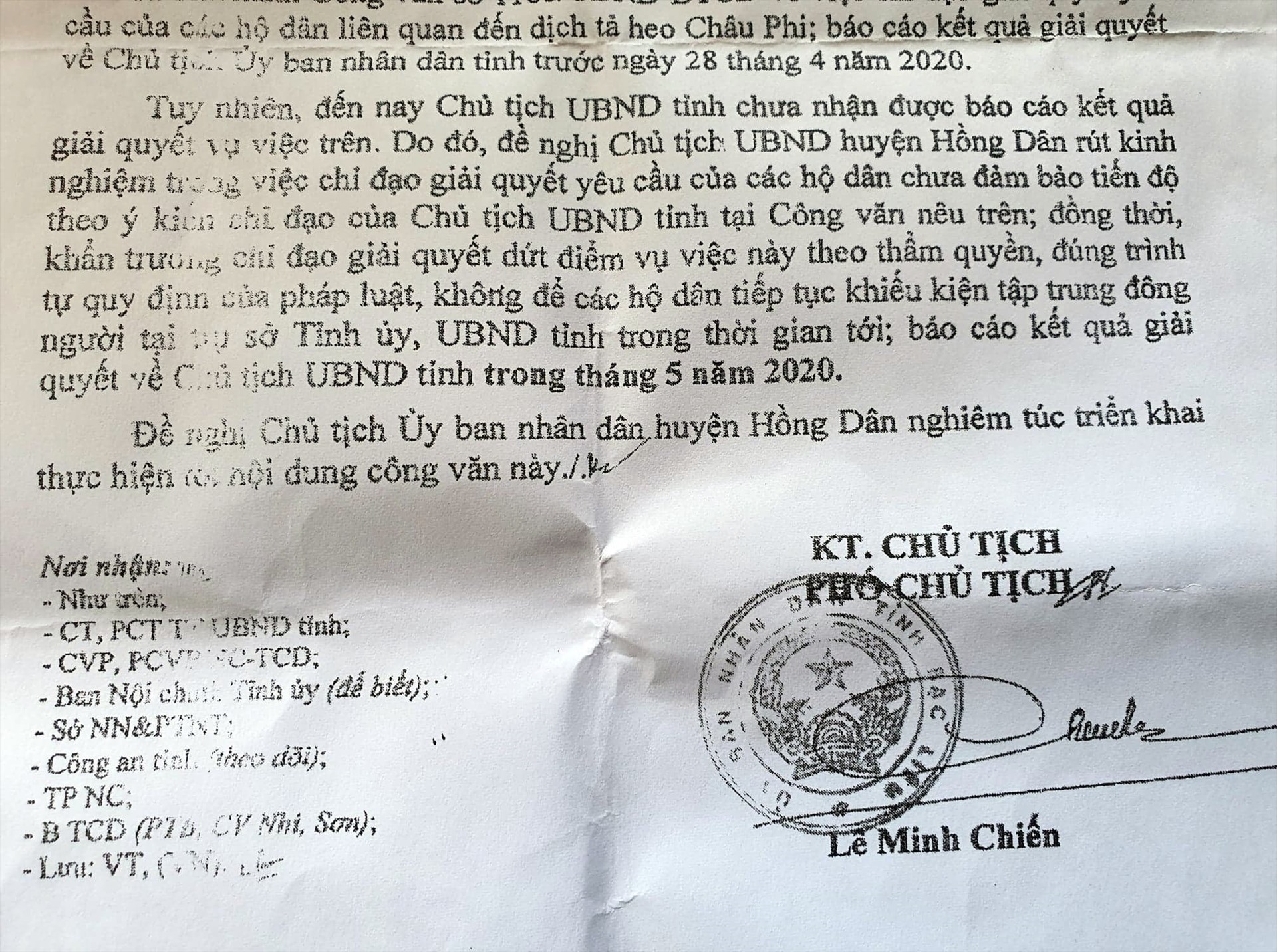 Văn bản thứ ba của UBND tỉnh chỉ đạo Chủ tịch UBND huyện Hồng Dân giải quyết nhưng đến nay huyện vẫn chưa làm xong (ảnh Nhật Hồ)