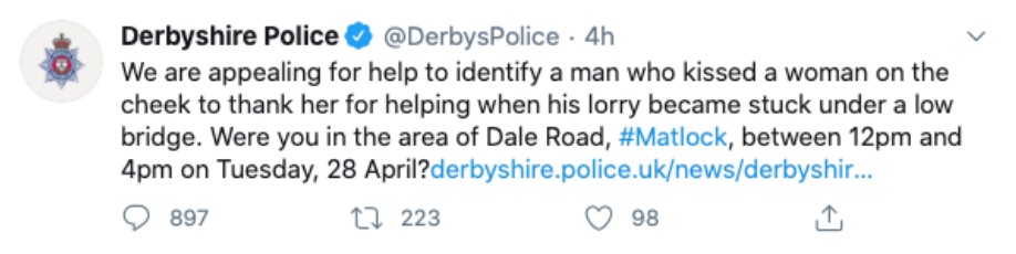 Thông báo của cảnh sát Derbyshire trên Twitter. Ảnh chụp màn hình