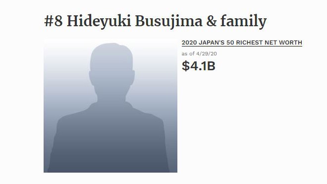 Hideyuki Busujima là con trai của người sáng lập Sankyo – một trong những nhà sản xuất Pachinko (máy bắn bi ăn tiền) lớn nhất Nhật Bản. Hideyuki là chủ tịch và giám đốc điều hành của Sankyo từ năm 2008.