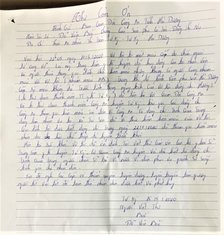 Bức thư gia đình sản phụ Đặng Thị Nụ cảm ơn chiến sĩ công an hiến máu cứu người. Ảnh Nhân vật cung cấp