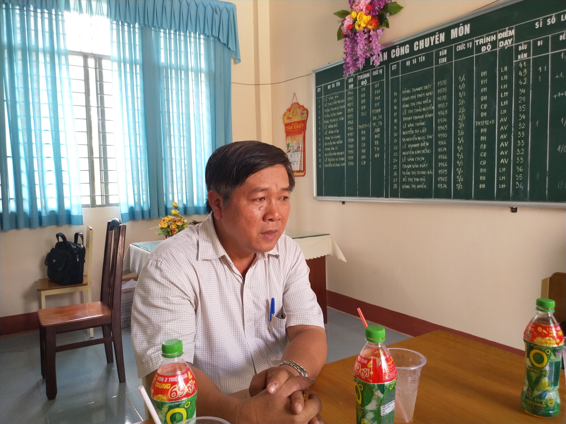 Thầy hiệu trưởng Lê Văn Hải trao đổi với giáo viên. Ảnh: K.Q