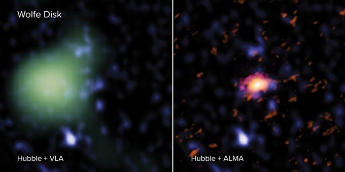 Ảnh chụp thiên hà Wolfe Disk từ bộ ba kính viễn vọng ALMA, Hubble và VLA. Ảnh: Phys.