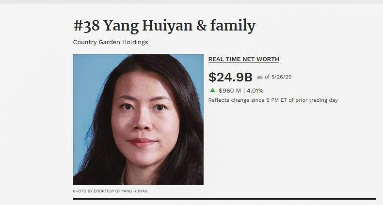 Yang Huiyan là nữ tỉ phú giàu nhất của châu Á và giới bất động sản thế giới. Bà đồng thời cũng là người trẻ nhất trong tỉ phú bất động sản giàu nhất hành tinh .Ảnh chụp màn hình.
