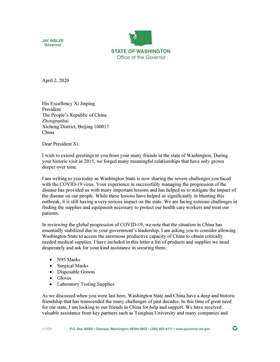 Bức thư của Thống đốc bang Washington Jay Inslee gửi Chủ tịch Trung Quốc Tập Cận Bình. Ảnh: SCMP