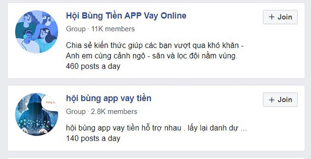 Một số nhóm “bùng nợ” tiền vay qua app trên Facebook. Ảnh chụp màn hình.