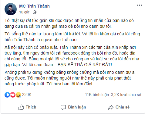 Nam MC lên tiếng trên trang Facebook. Ảnh chụp màn hình