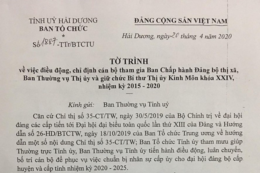 Tờ trình về việc điều động, bổ nhiệm chức danh bí thư Kinh Môn (Hải Dương). Ảnh Mai Chi