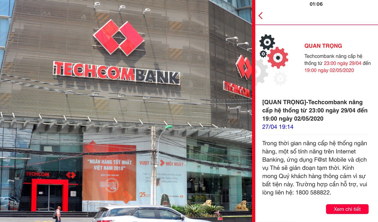 Techcombank từng thông báo đến khách hàng lịch nâng cấp hệ thống từ 23h ngày 29.4 đến 19h ngày 2.5. Đồ họa: Phan Anh