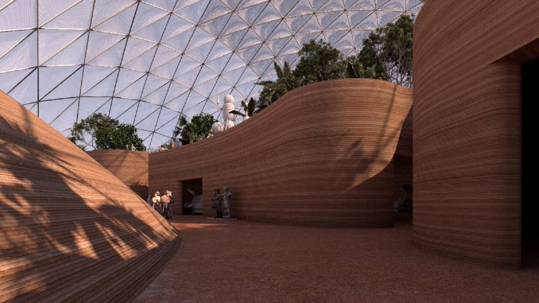 Các toà nhà in 3D dưới mái vòm. Ảnh: Bjarke Ingels Group