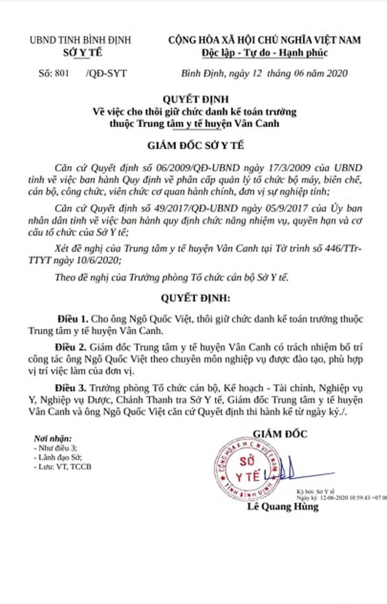 Sở Y tế Bình Định vừa có quyết định cho ông Ngô Quốc Việt thôi giữ chức Kế toán trưởng Trung tâm Y tế huyện Vân Canh. Ảnh: N.T