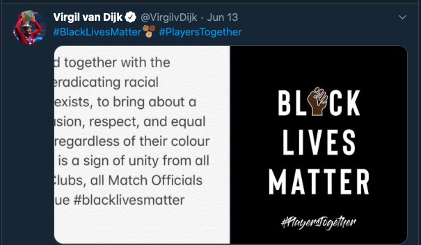 Tweeter của trung vệ Liverpool Virgil van Dijk về thông cáo chung của các cầu thủ. Ảnh: Mirror Sport.