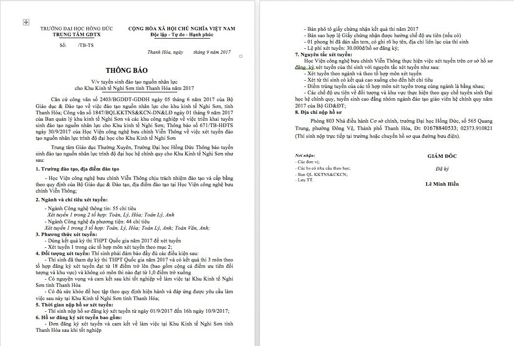 Thông báo tuyển sinh do ông Lê Minh Hiền - Giám đốc Trung tâm Giáo dục thường xuyên Đại học Hồng Đức ký nhận hồ sơ xét tuyển vào Học viện Công nghệ Bưu chính viễn thông chỉ... từ 18 điểm.