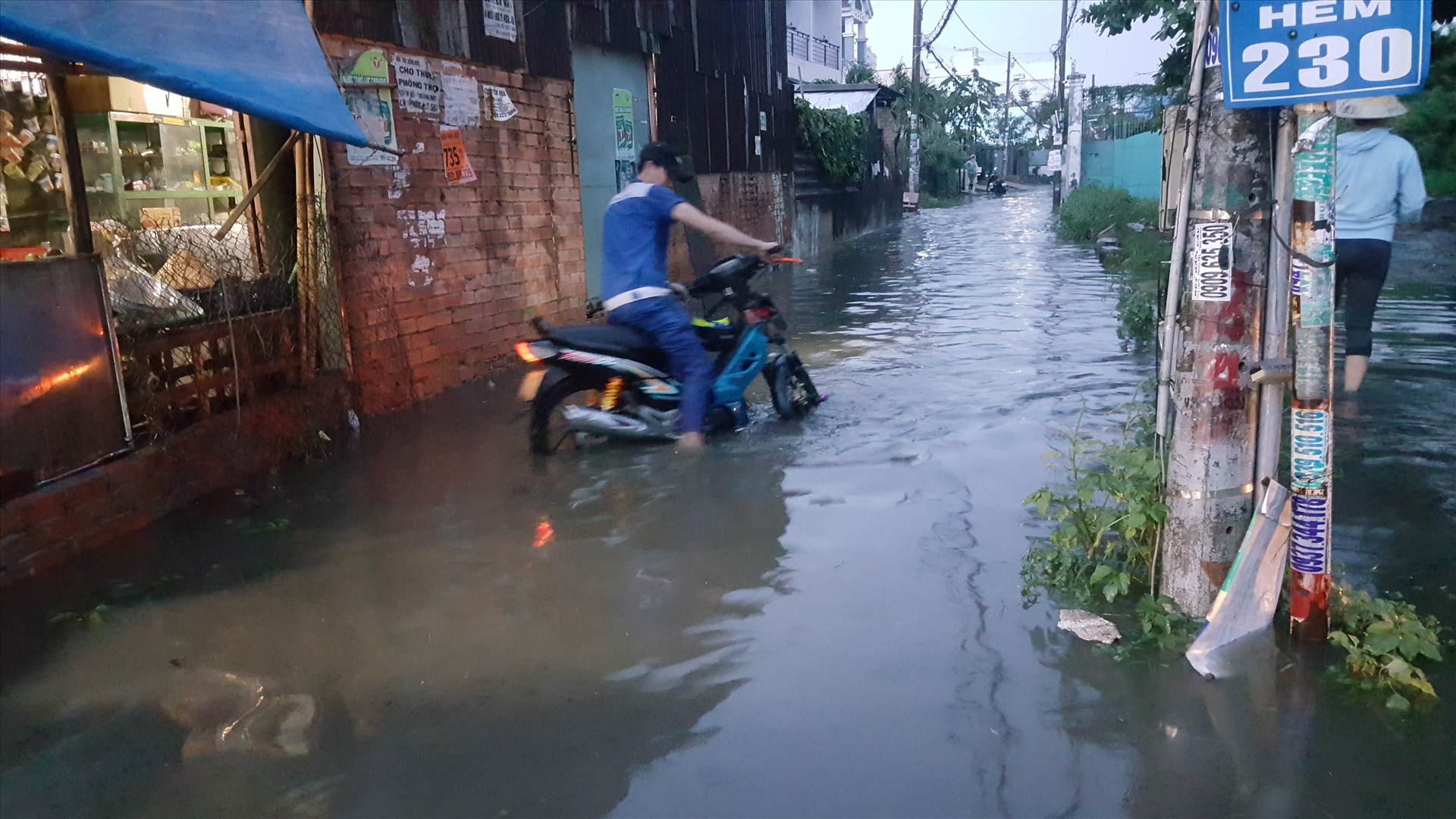 Sau cơn mưa, đường vào hẻm 230 đường Hồ Ngọc Lãm, quận Bình Tân ngập sâu trong nước.