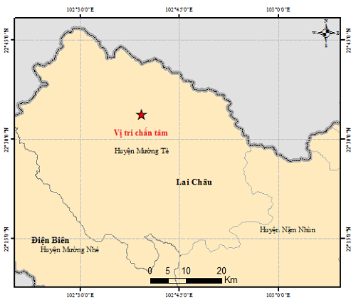 Bản đồ động đất tại Lai Châu ngày 16.6. Nguồn: Viện Vật lý địa cầu