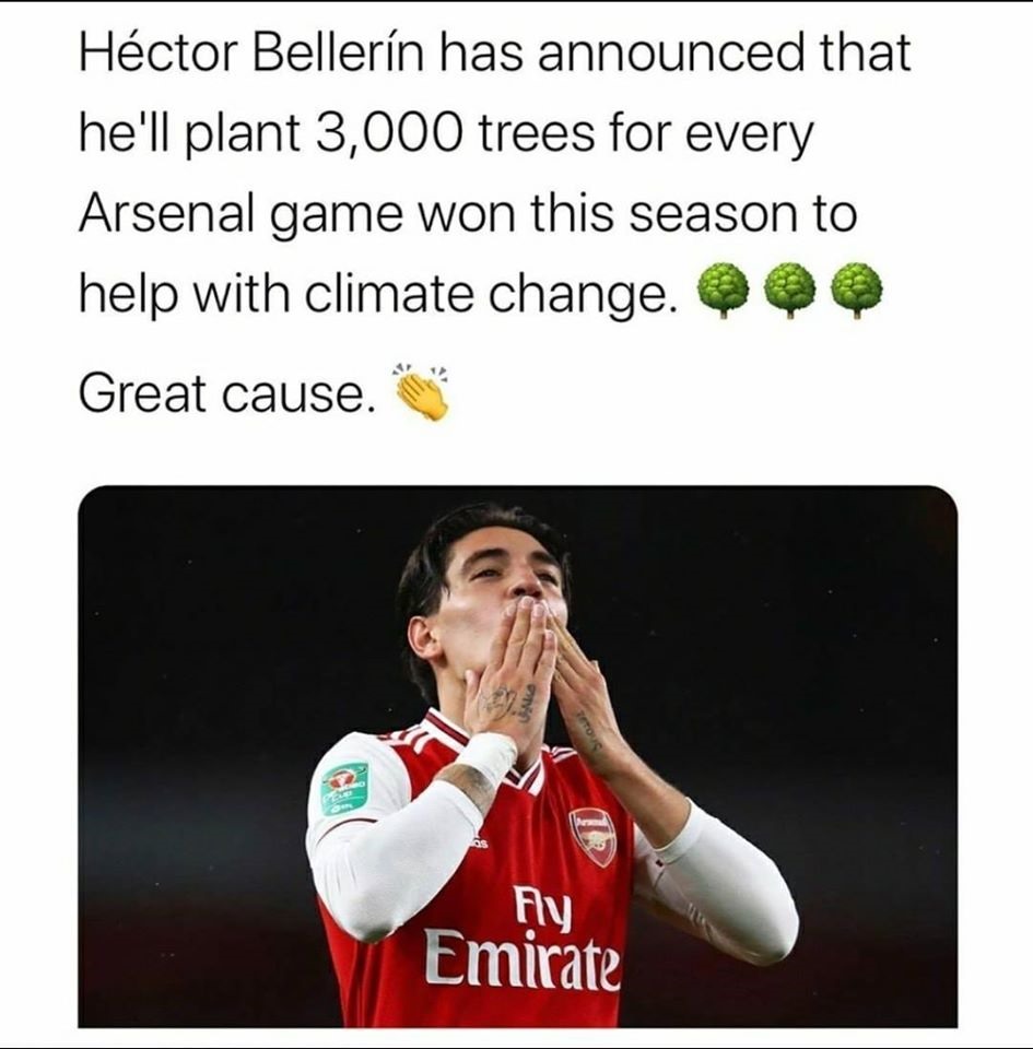 Cầu thủ của Arsenal Héctor Bellerín hứa sẽ trồng 3000 cây xanh cho mỗi trận thắng của “Pháo thủ” mùa này để góp phần chống lại biến đổi khí hậu... Ảnh: Meme Soccer.