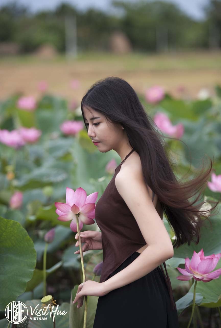 Đến Huế dịp này, du khách có thể ngắm sen Huế, thưởng trà sen Huế. Đâu đó là những cô thiếu nữ đang lưu lại những khoảnh khắc đẹp với Sen. Ảnh Lê Huy Hoàng Hải