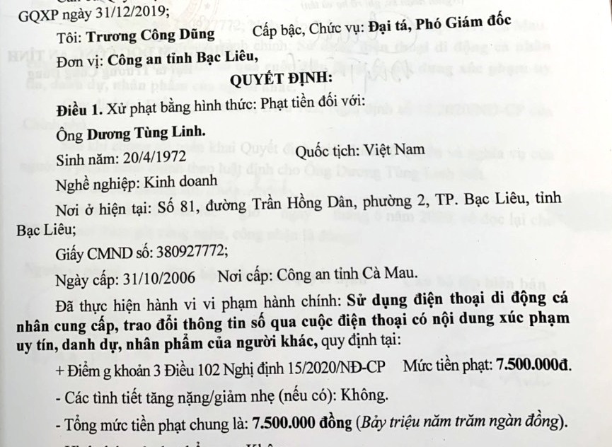 Quyết định xử phạt hành chính đối với ông Dương Tùng Linh (ảnh Nhật Hồ)