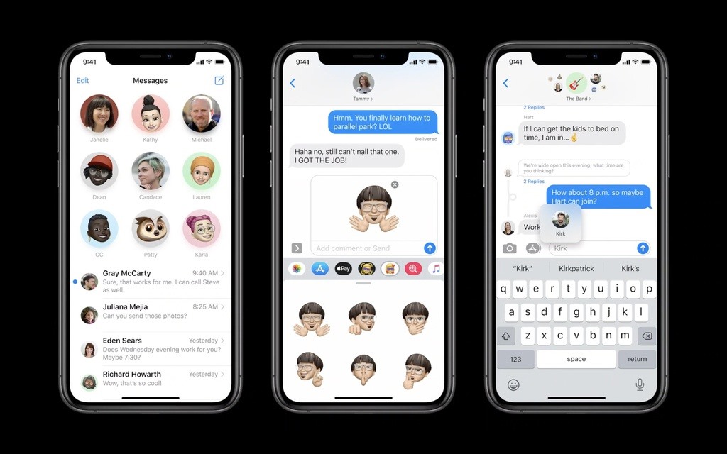 iMessage tích hợp tính năng mention bạn bè trong chat nhóm cùng nhiều emoji mới. Bên cạnh đó, bạn có thể ghim một đoạn hội thoại lên đầu trang, dễ dàng hơn trong việc kiếm người hoặc nhóm đã tham gia. Giao diện chat được thiết kế lại bằng các biểu tượng tròn.
