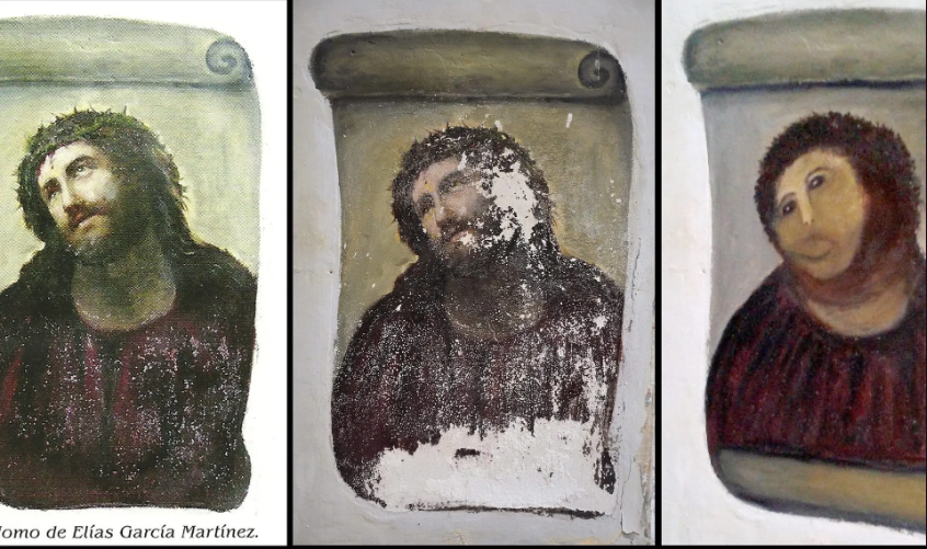 Bích họa Elias Garcia Martinez trên tường một nhà thờ ở thị trấn Bojia, Tây Ban Nha đã trở thành trò cười gây xôn xao dư luận dưới bàn tay phục chế của một giáo dân. Ảnh: The Guardian