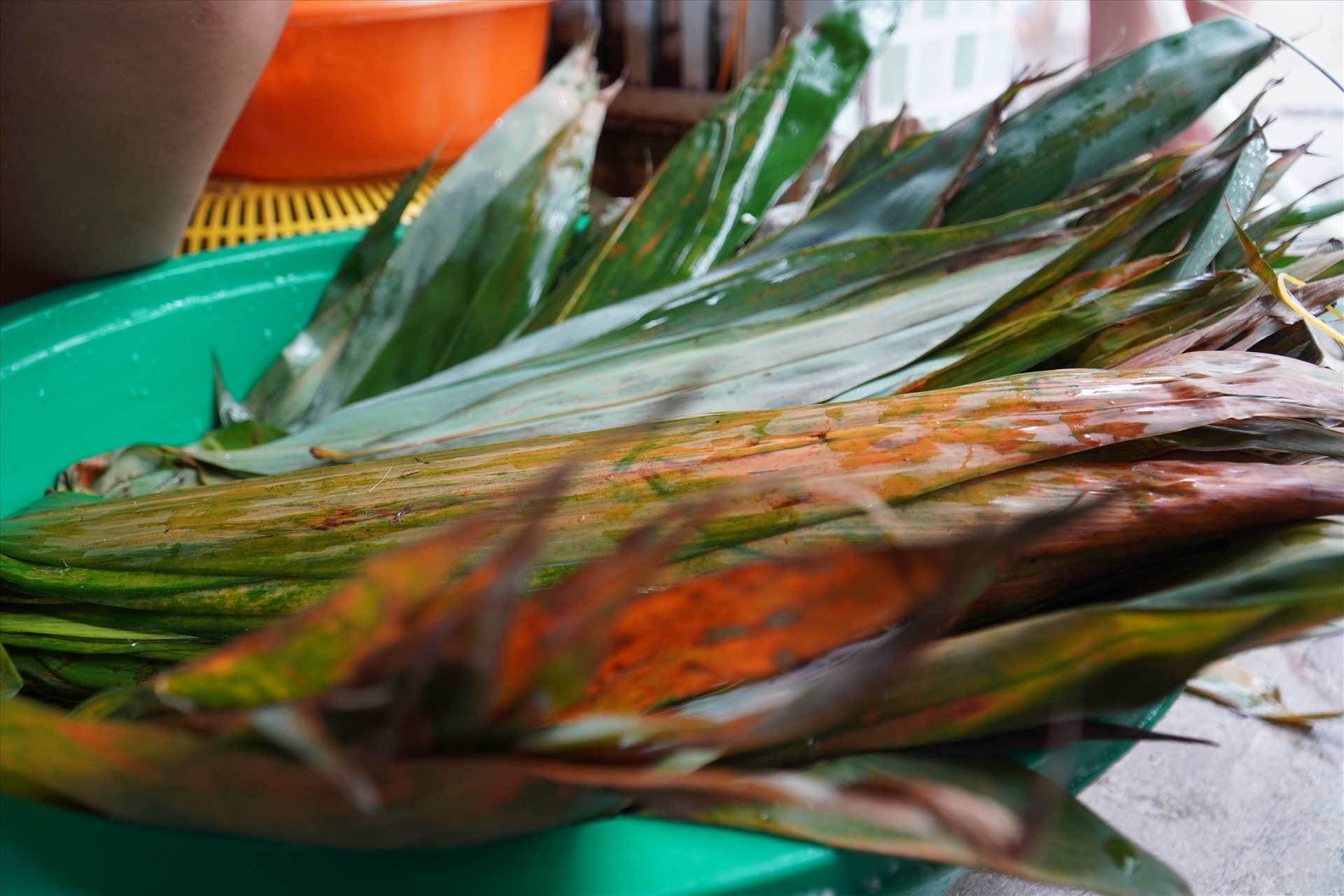 Lá bánh sau khi đưa về từ Tây Ninh, Đắk Lắk sẽ được chọn lọc kĩ càng rửa sạch sẽ, để ráo nước.